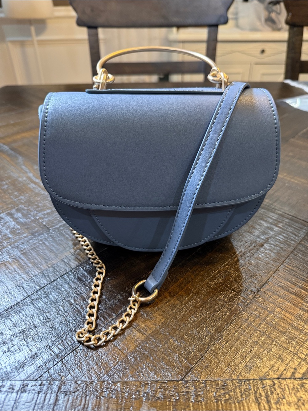 Melie Bianco Blue Vegan Leather Saddle Crossbody Bag Gold Hardware